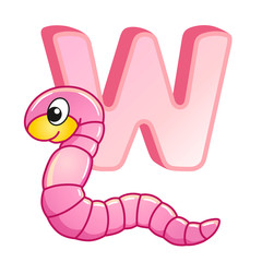 bright illustrations alphabet with capital letters of the English and cute cartoon animals and things. Poster for kindergarten and preschool. Cards for learning English. Letter W. Worm