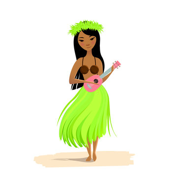Hawaiian girl dancing hula with ukulele in hands isolated on white background. Cute polynesian dancer in costume, flower hair wreath and hawaiian guitar.