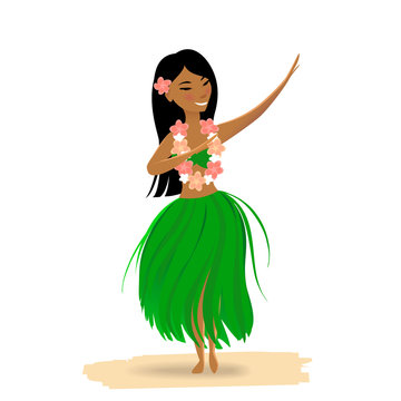 Hawaiian girl dancing hula isolated on white background. Cute polynesian dancer in costume, grass skirt, flower in hair, hawaiian lei.