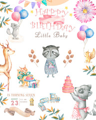 Cute watercolor bohemian baby cartoon roccoon and tasty cake animal for kindergarten, woodland party, tasty cake isolated forest illustration for children. On white background.