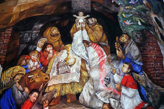 St. Francis celebrates Christmas in Greccio fresco by Sieger Koeder in the Chapel of St. Francis in Ellwangen, Germany 