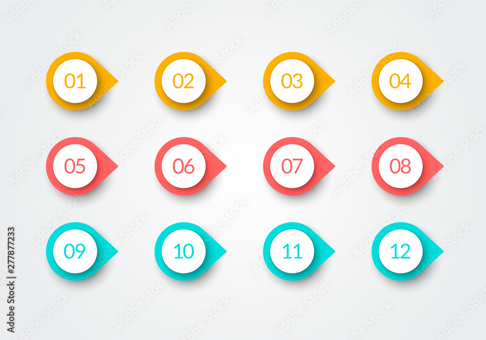 Poster vector number bullet point retro color 3d markers 1 to 12