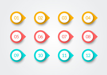 Vector Number Bullet Point Retro Color 3d Markers 1 to 12