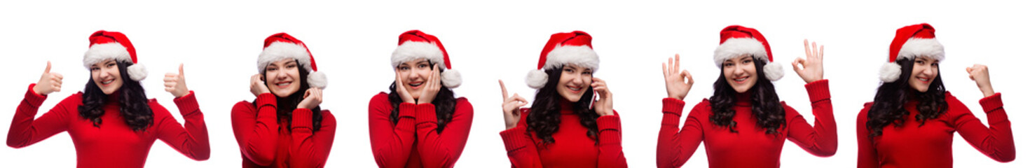 set of smiling brunette woman in christmas santa hat showing different kind of gestures isolate