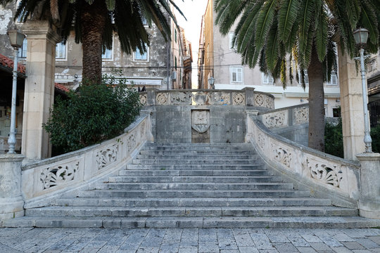 Stairs entrance to the old medieval town of Korcula, Dalmatia, Croatia 