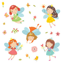 Cute flower fairies. Vector character set