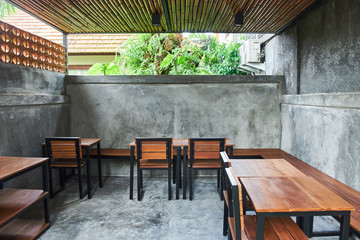 The interior of the cafe in minimalism. Bali, Indonesia