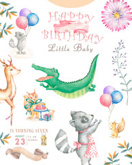 Happy birthday card with cute Croc Dandy Watercolor animal. Cute baby greeting card. Boho flowers and floral bouquets Happy Birthday set. Watercolor greeting baby clip art on white background.