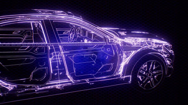 Holographic animation of 3D wireframe car model with engine and otter technical parts