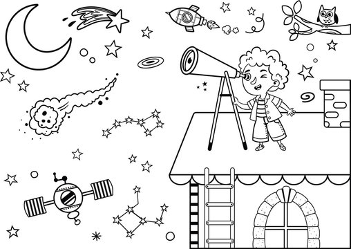 Black and white science loving kid observes space on his roof with his telescope. Vector illustration.