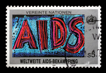 Stamp issued in UN - Vienna devoted to Fighting aids, circa 1990.