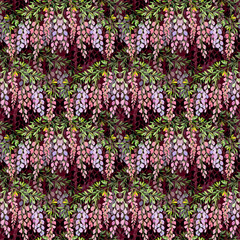 Obraz premium wisteria flowers seamless pattern on claret background, watercolor illustration.
