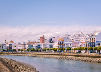 Traditional architecture of the region along the riverbank in Ayamonte, Huelva province, Andalucia, Spain.