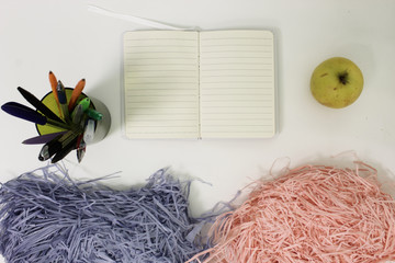 Top view, note for write, pens, paper flitter, chancery for school, pencil case, white bacground,...