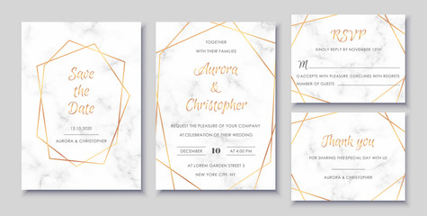 Elegant wedding invitations set with golden geometric frames and and gray marble texture. Luxury invitation collection with save the date and rsvp card vector templates.