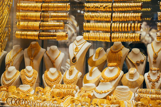 .Rows of gold jewelery as a backdrop in a jewelry store at the Grand Bazaar. Istanbul, Turkey.