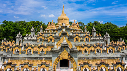 Aerial view sandstone pagoda in Wat Pa Kung Temple, Wat Prachakom Wanaram, Roi Et, Thailand.