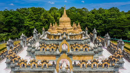 Aerial view sandstone pagoda in Wat Pa Kung Temple, Wat Prachakom Wanaram, Roi Et, Thailand.