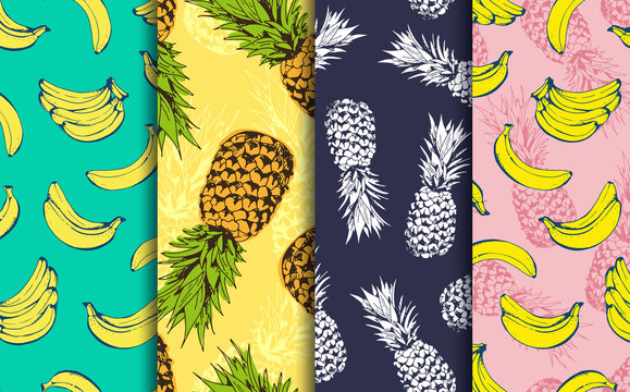 Pineapple and banana decorative seamless patterns set, vector collection of food fruits background, for hawaiian shirt, food wrapping, textile