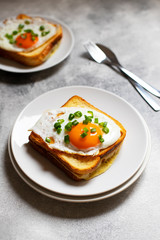 Sandwich with ham, cheese and egg. A traditional French croque-madame sandwich served on a white plate. Popular French cafe meal. Gray background. Close-up. Space for text