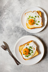 Sandwich with ham, cheese and egg. A traditional French croque-madame sandwich served on a white plate. Popular French cafe meal. Gray background. Top view. Space for text