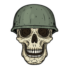 The skull of a soldier wearing a helmet.