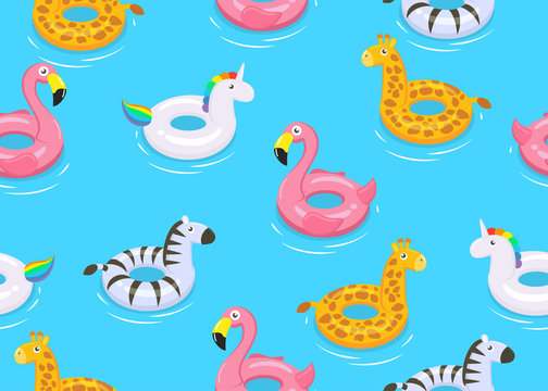Seamless pattern of colorful animals floats cute kids toys on blue background  - Vector illustration.