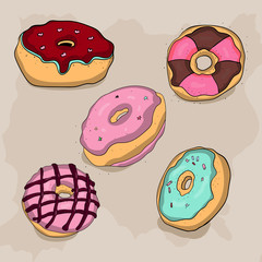 Set of 6 color hand drawn donuts in modern flat style. Donut isolated for your design. Vector color illustration