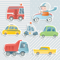 Cartoon set with  a boy driving a car and cars. Digital scrapbooking.