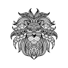 Fototapeta premium Ethnic patterned head of lion. Hand drawing illustration.