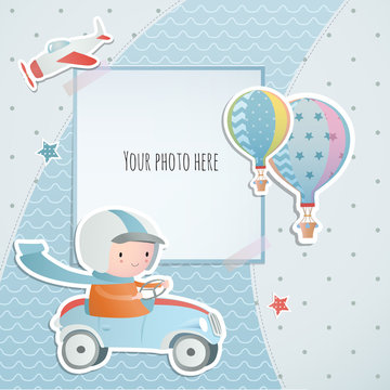 Holiday card design with  A boy driving a car.  Baby shower. Paper, scrapbook.