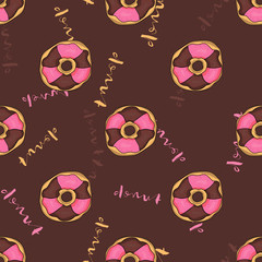 Obraz premium Hand drawn donut seamless pattern. Pastry illustration. Vector bakery background design