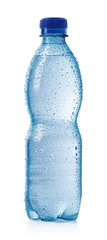 Light blue bottle of cold water with drops