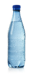 Light blue bottle of cold water with drops