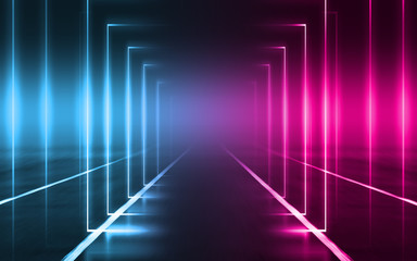 Empty background scene. Dark street reflection on wet asphalt. Rays of neon light in the dark, neon figures, smoke. Background of empty stage show. Abstract dark background.