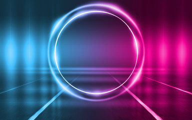 Empty background scene. Dark street reflection on wet asphalt. Rays of neon light in the dark, neon figures, smoke. Background of empty stage show. Abstract dark background.