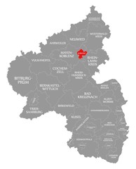Koblenz red highlighted in map of Rhineland Palatinate DE