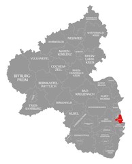 Ludwigshafen am Rhein red highlighted in map of Rhineland Palatinate DE