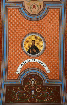 Saint  Peter Klaver, fresco on the ceiling of the church of St. Aloysius in Travnik, Bosnia and Herzegovina 