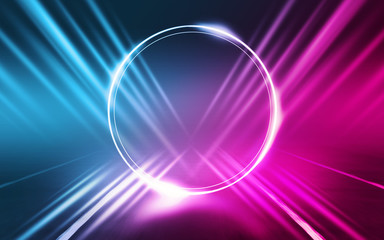 Empty background scene. Dark street reflection on wet asphalt. Rays of neon light in the dark, neon figures, smoke. Background of empty stage show. Abstract dark background.