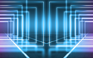 Empty background scene. Dark street reflection on wet asphalt. Rays of neon light in the dark, neon figures, smoke. Background of empty stage show. Abstract dark background.