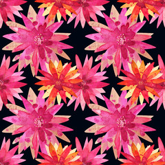 Seamless pattern with abstract red ,yellow, orange gold tropical flowers on a black background.  Hand painted in watercolor.