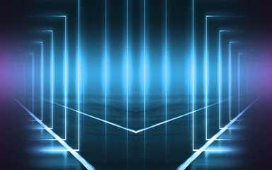 Empty background scene. Dark street reflection on wet asphalt. Rays of neon light in the dark, neon figures, smoke. Background of empty stage show. Abstract dark background.