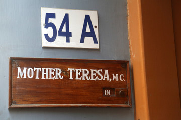 Sign on the entrance to Mother House, the residence of Mother Teresa in Kolkata, West Bengal, India