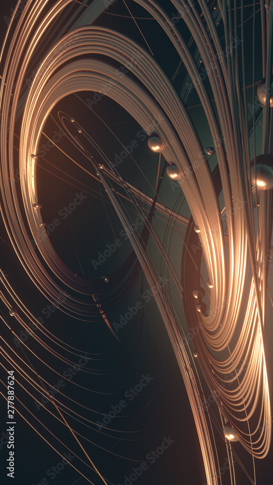 Poster abstract 3d rendering gold jewelry with shiny shapes beads on a dark background
