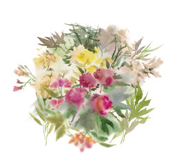 Watercolor flower composition. Hand drawn floral artwork. Fullsize raster.