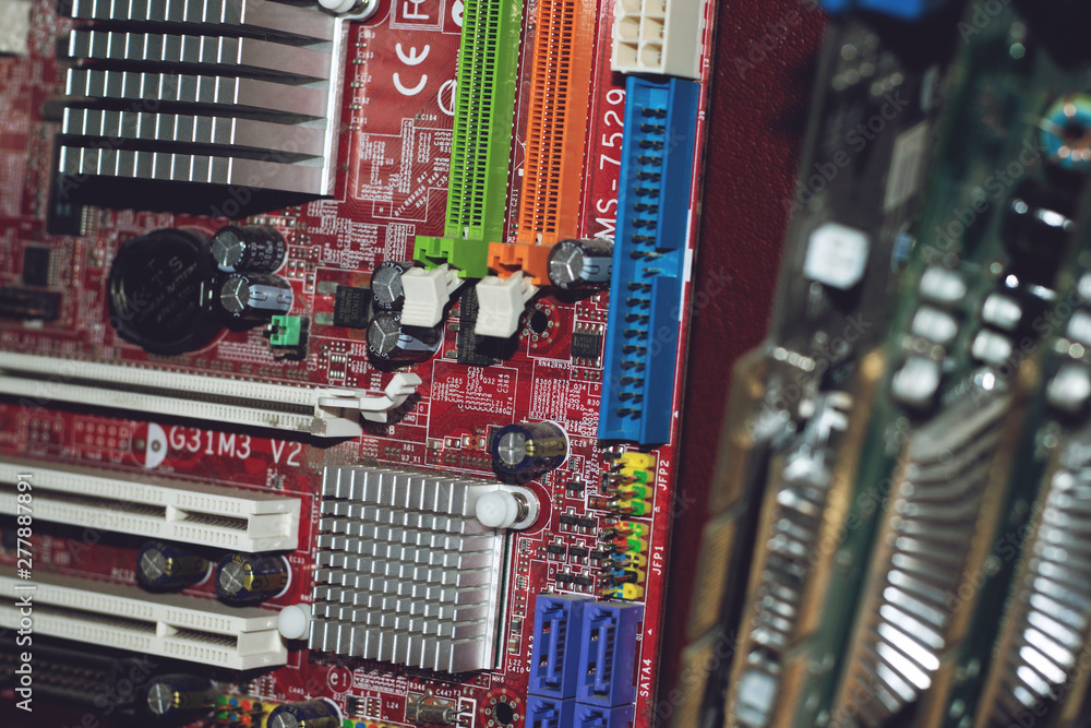 Poster many pc computer motherboards. circuit cpu chip mainboard core processor electronics devices. old mo