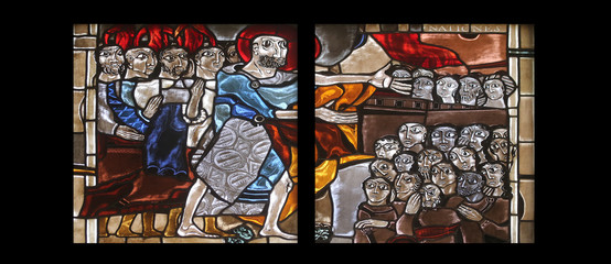 Scenes from the life of St. Peter, stained glass window in the parish church of St. Peter and Paul in Oberstaufen, Germany 