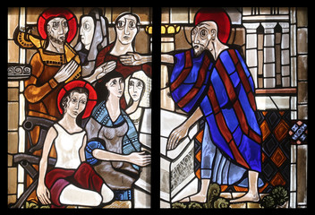 Obraz premium Scenes from the life of St. Paul, stained glass window in the parish church of St. Peter and Paul in Oberstaufen, Germany