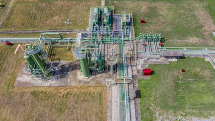 Aerial top view natural gas pipeline, gas industry, gas transport system, stop valves and...